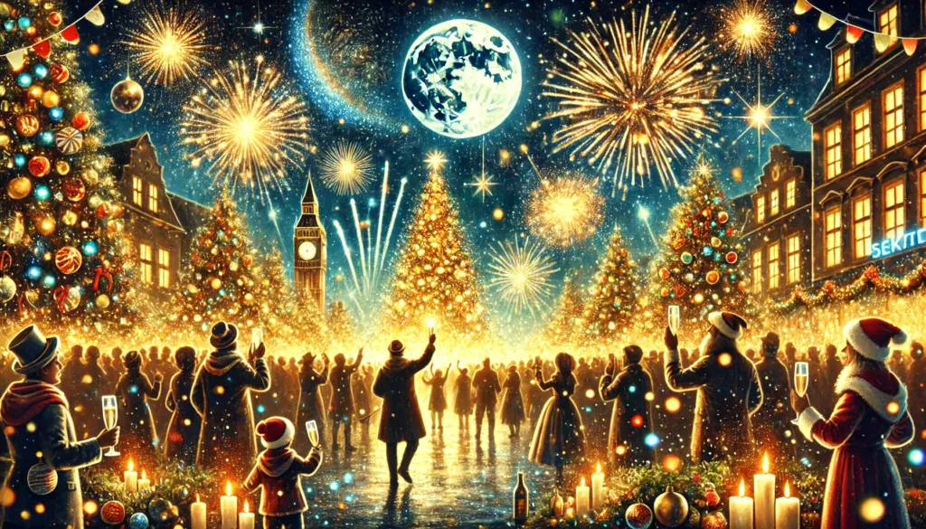 Vibrante Winterfeier mit Menschen, festlich geschmückten Bäumen und magischen Feuerwerk unter dem Sternenhimmel.