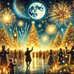 Willkommen im Jahr 2025 Vibrante Winterfeier mit Menschen, festlich geschmückten Bäumen und magischen Feuerwerk unter dem Sternenhimmel.