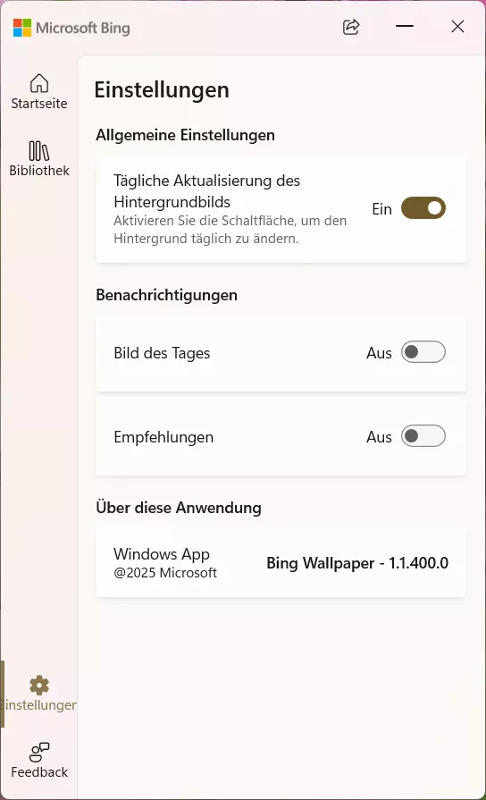 Bing Wallpaper App Benutzeroberfläche mit Einstellungen, täglichem Bild und Version 1.1.400.0.