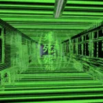 Digitale Korridore in leuchtendem Grün mit kryptischen Symbolen und futuristischem Design.