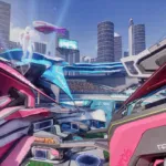 Futuristische Sportarena mit Technologie, bunten Farben und begeistertem Publikum in urbaner Umgebung.