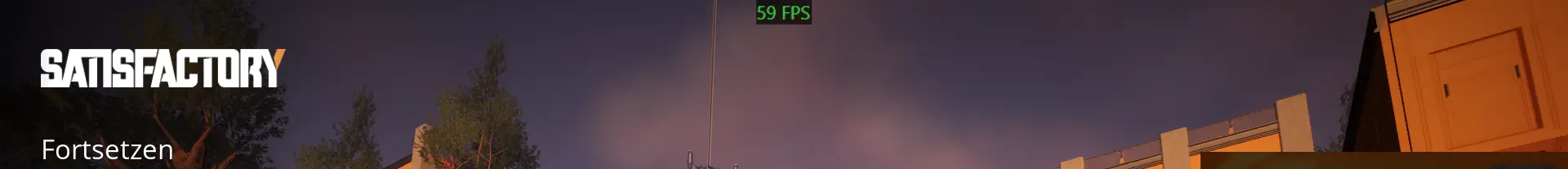 Satisfactory Spielansicht mit industriellem Design, fortsetzen und 59 FPS für flüssiges Gameplay.