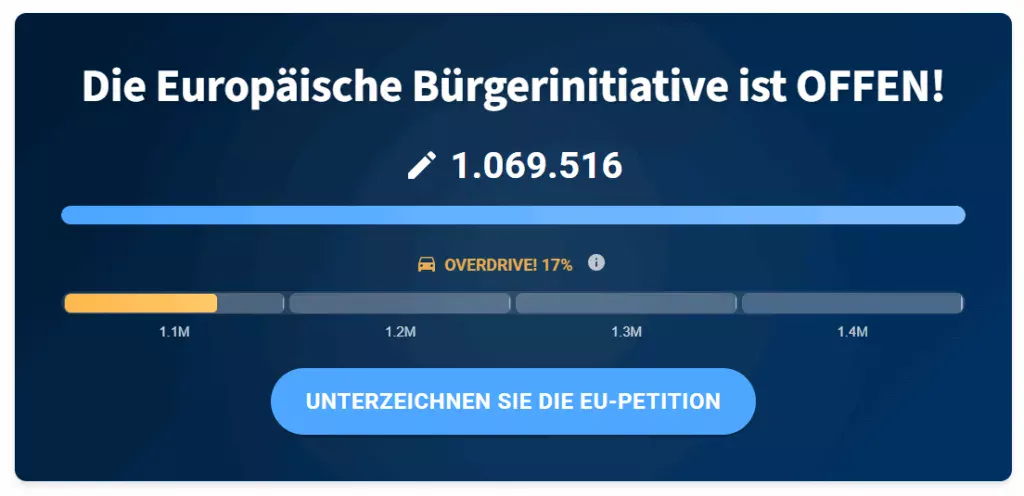 European Bürgerinitiative offen: Jetzt 1.069.516 Unterschriften für die EU-Petition sammeln!