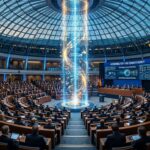 StopKillingGames: Großer Erfolg mit 1,2 Mio. gültigen Stimmen! Futuristischer Plenarsaal mit einer zentralen Lichtsäule und Abgeordneten in kreisförmigen Sitzreihen