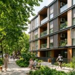 Modernes Wohngebäude Linden House mit Holzfassade an einer grünen Straße mit Fußgängern und Radfahrern