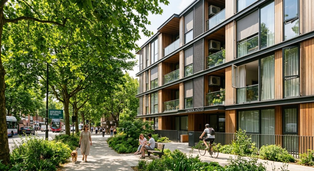 Modernes Wohngebäude Linden House mit Holzfassade an einer grünen Straße mit Fußgängern und Radfahrern