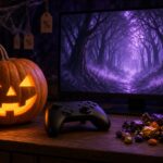 Leuchtender Halloween-Kürbis neben einem Gamecontroller und Süßigkeiten vor einem Monitor mit nebligem Spukwald, darüber hängen Rabatt-Anhänger