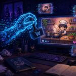 Illustration: Eine digitale Hand aus Code kopiert ein Pixel-Kochspiel auf einem Monitor in mehrere Klone