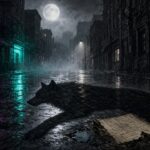 Regennasse Noir-Straße bei Nacht mit Neonlicht, Vollmond und dem Schatten eines Wolfs auf dem Pflaster (KI-generiert)