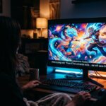 Zwei Personen schauen eine bunte Anime-Szene mit Untertiteln auf einem Computermonitor in einem dunklen Raum